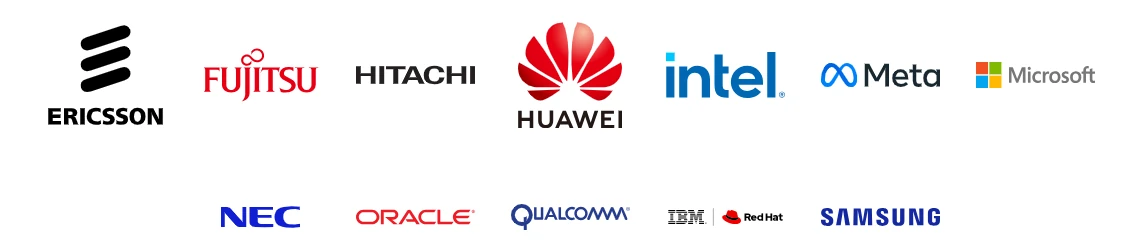 Lista contendo os logos da Ericsson, Microsoft, Fujitsu, Hitachi, Huawe, Intel, Meta, Nec, Oracle, Qualcomm, IBM, RedHat e Samsung 