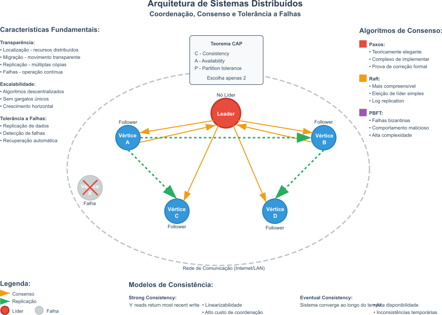 diagrama mostrando alguns vértices de um sistema distribuído em uma rede indicando as trocas de dados e consistência